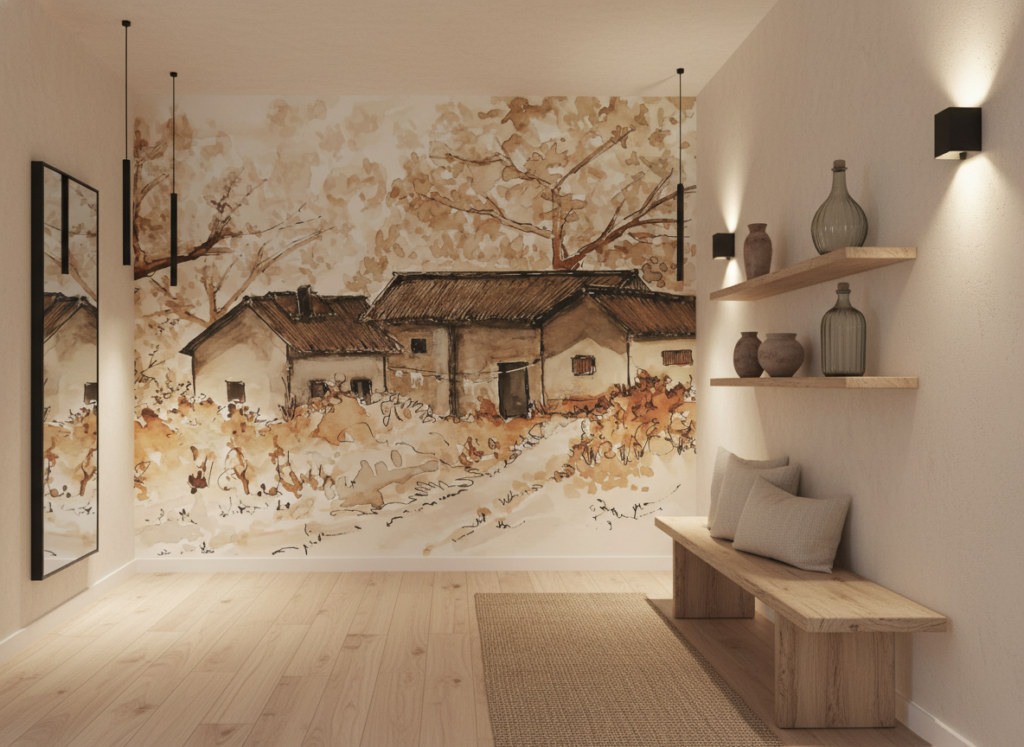 Papier peint aquarelle village rustique tons sépia naturels - Couloir