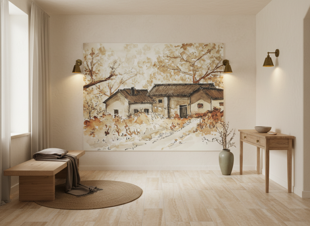 Papier peint aquarelle village rustique tons sépia naturels - Entrée