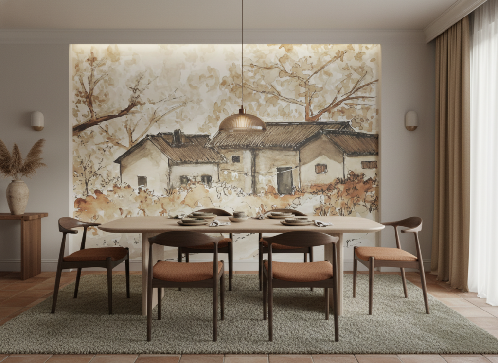 Papier peint aquarelle village rustique tons sépia naturels - Salle à manger