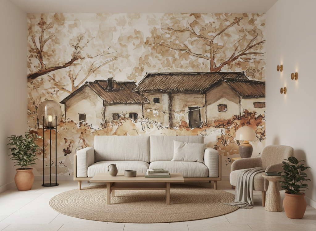 Papier peint aquarelle village rustique tons sépia naturels - Salon / Séjour