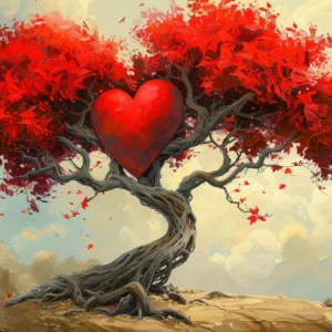 Arbre Coeur Rouge Romantique sur Paysage Désertique Artistique
