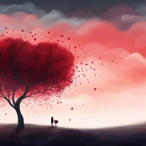 Arbre romantique aux feuilles cœur rose et rouge nuageux