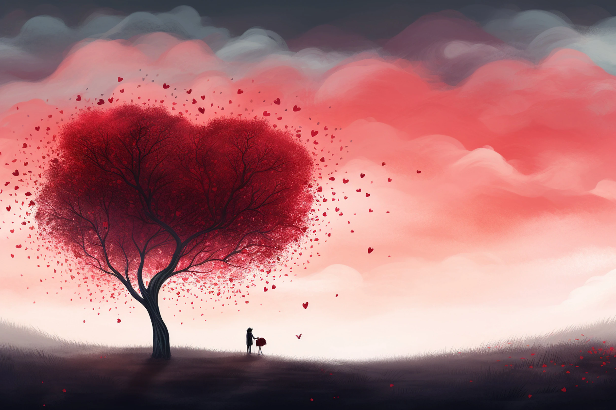 Arbre romantique aux feuilles cœur rose et rouge nuageux