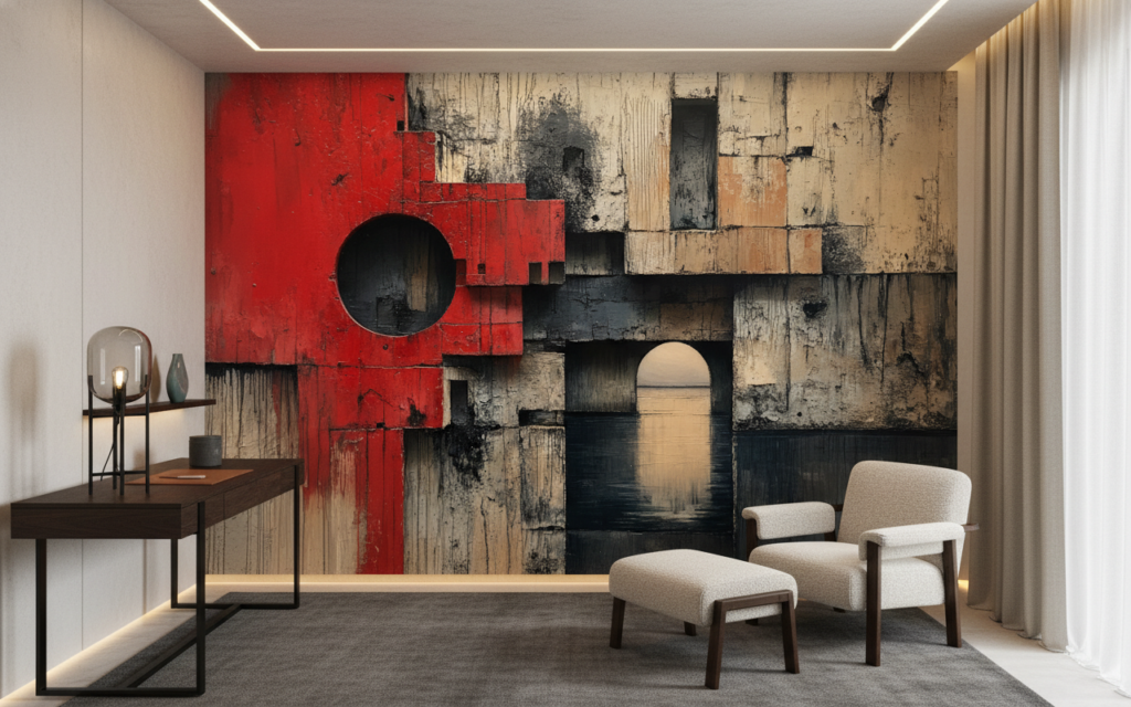 Papier Peint Architecture Brutale Rouge Géométrique Contemporain Artistique - Bureau