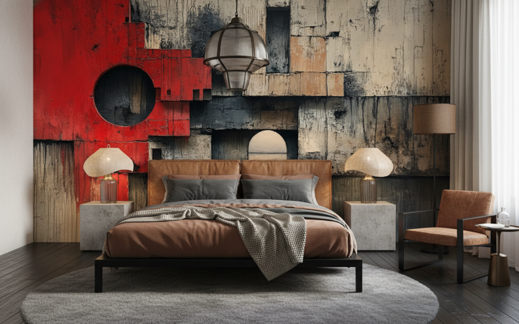 Papier Peint Architecture Brutale Rouge Géométrique Contemporain Artistique - Chambre adulte