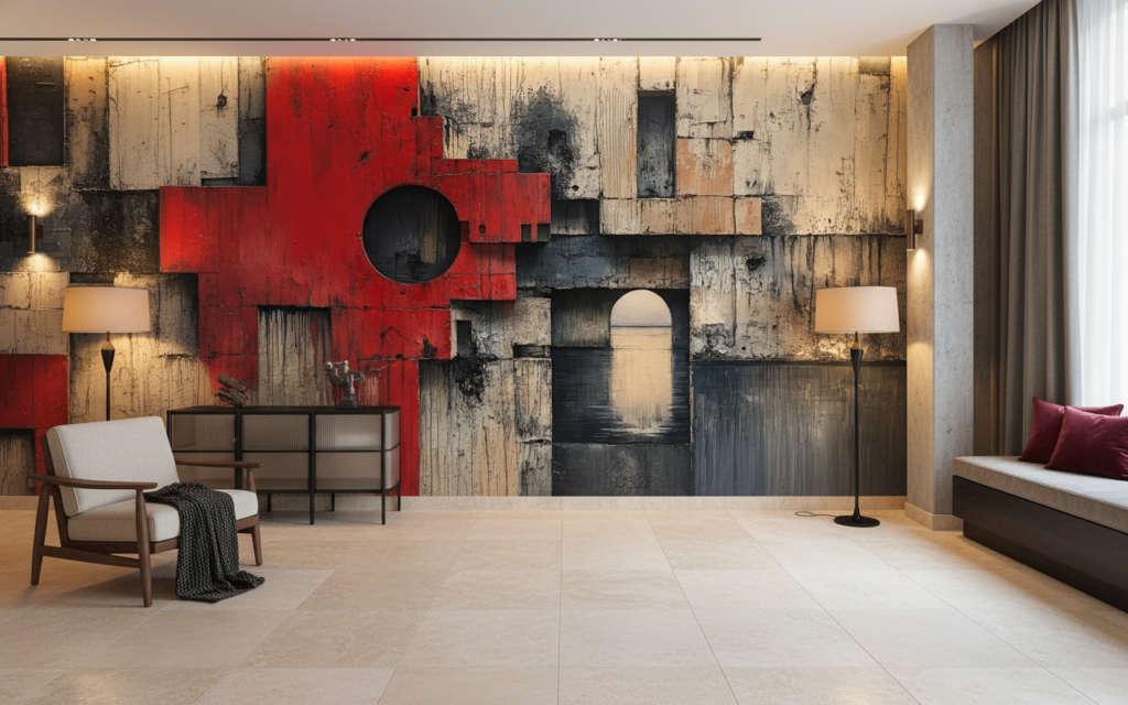 Papier Peint Architecture Brutale Rouge Géométrique Contemporain Artistique - Hôtel