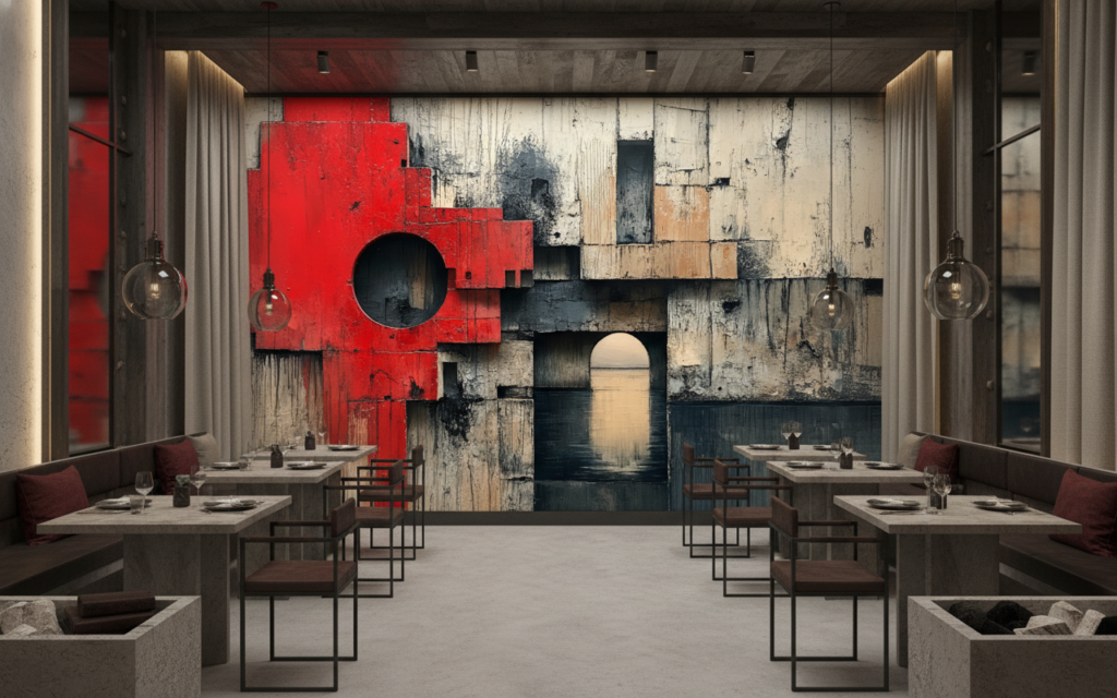 Papier Peint Architecture Brutale Rouge Géométrique Contemporain Artistique - Restaurant