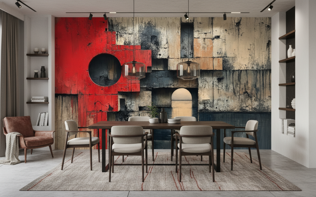 Papier Peint Architecture Brutale Rouge Géométrique Contemporain Artistique - Salle à manger