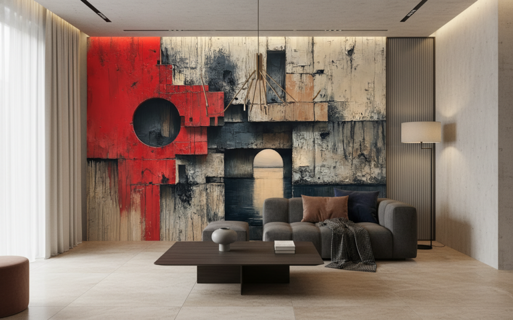 Papier Peint Architecture Brutale Rouge Géométrique Contemporain Artistique - Salon / Séjour