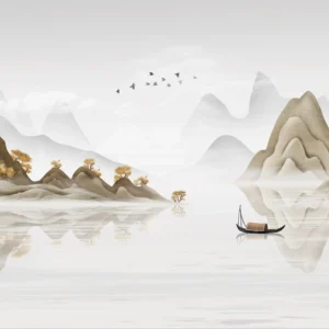 Paysage Chinois Traditionnel avec Montagnes et Lac Paisible