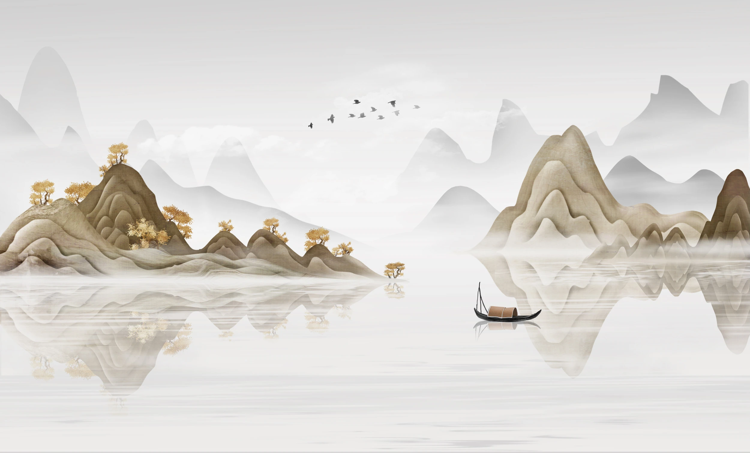 Paysage Chinois Traditionnel avec Montagnes et Lac Paisible