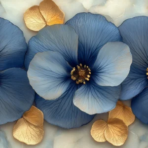 Papier peint fleurs bleues et dorées élégant style botanique luxueux