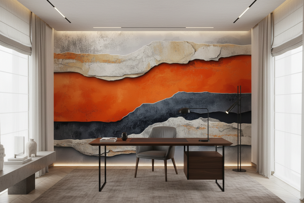 Papier peint artistique abstrait montagnes orange et gris effet relief - Bureau