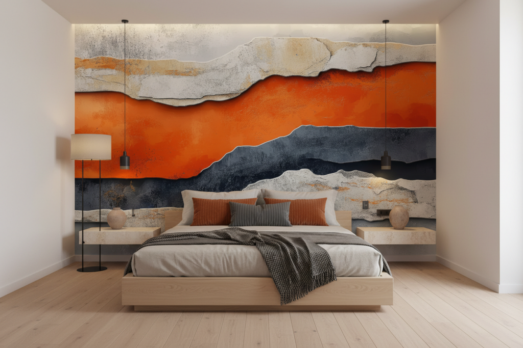 Papier peint artistique abstrait montagnes orange et gris effet relief - Chambre adulte