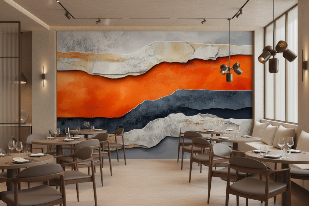 Papier peint artistique abstrait montagnes orange et gris effet relief - Restaurant