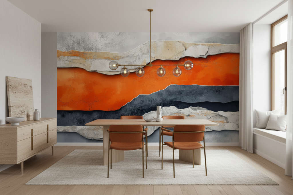 Papier peint artistique abstrait montagnes orange et gris effet relief - Salle à manger