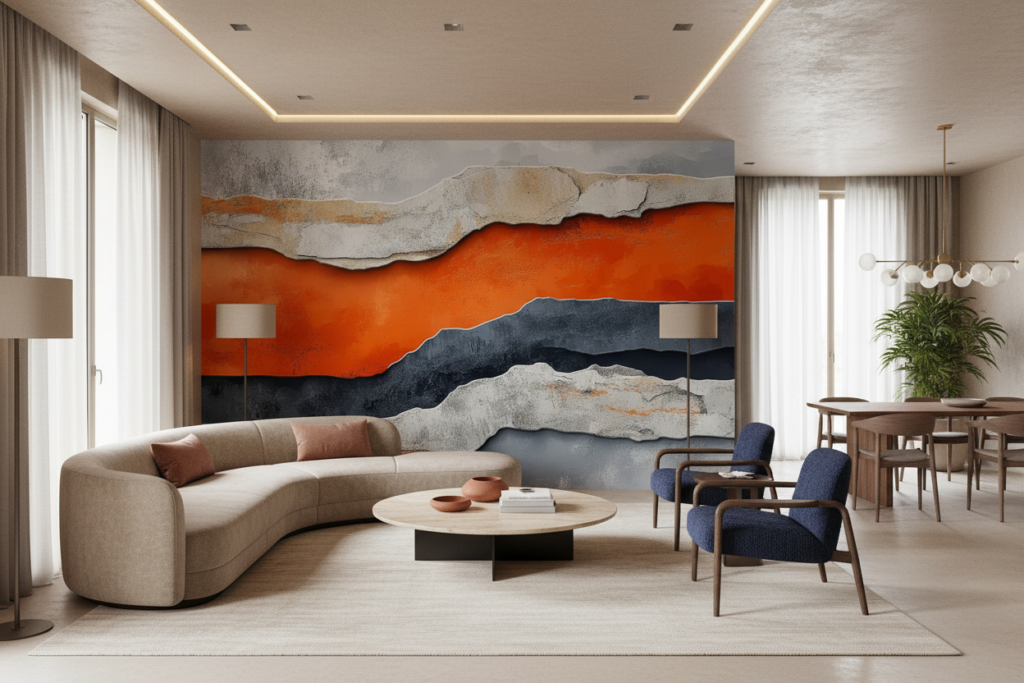 Papier peint artistique abstrait montagnes orange et gris effet relief - Salon / Séjour