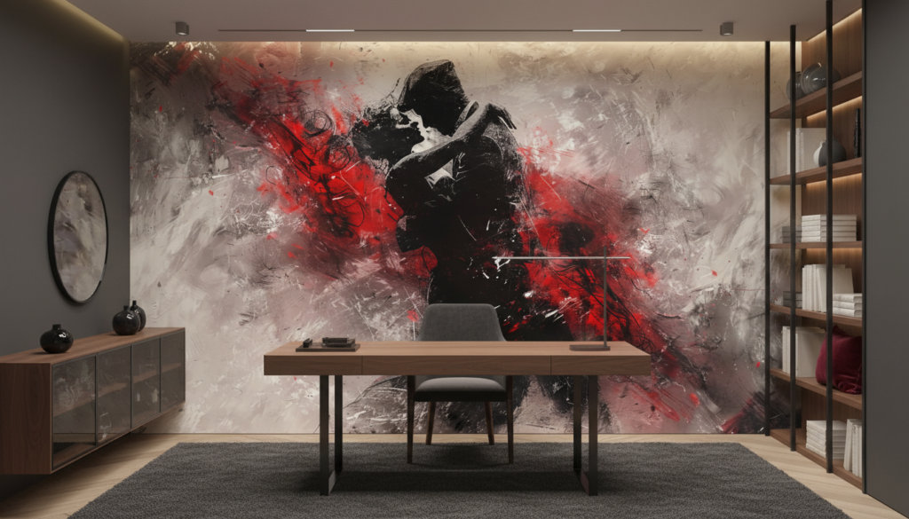 Papier Peint Artistique Abstrait Rouge et Noir Expressionniste - Bureau