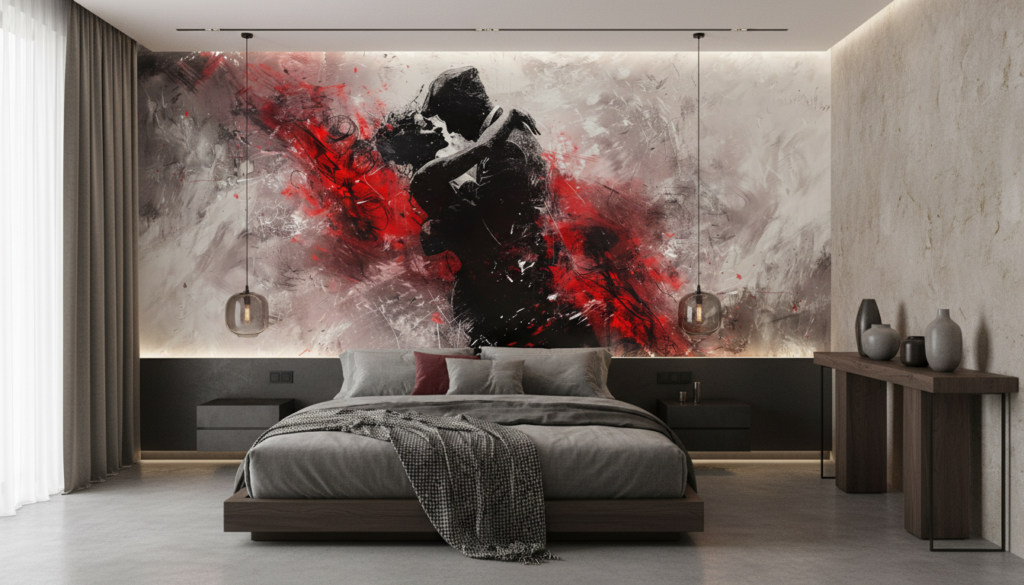Papier Peint Artistique Abstrait Rouge et Noir Expressionniste - Chambre adulte