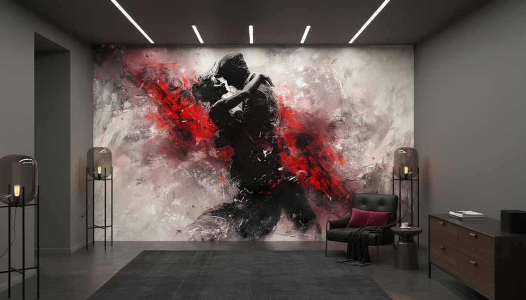 Papier Peint Artistique Abstrait Rouge et Noir Expressionniste - Couloir