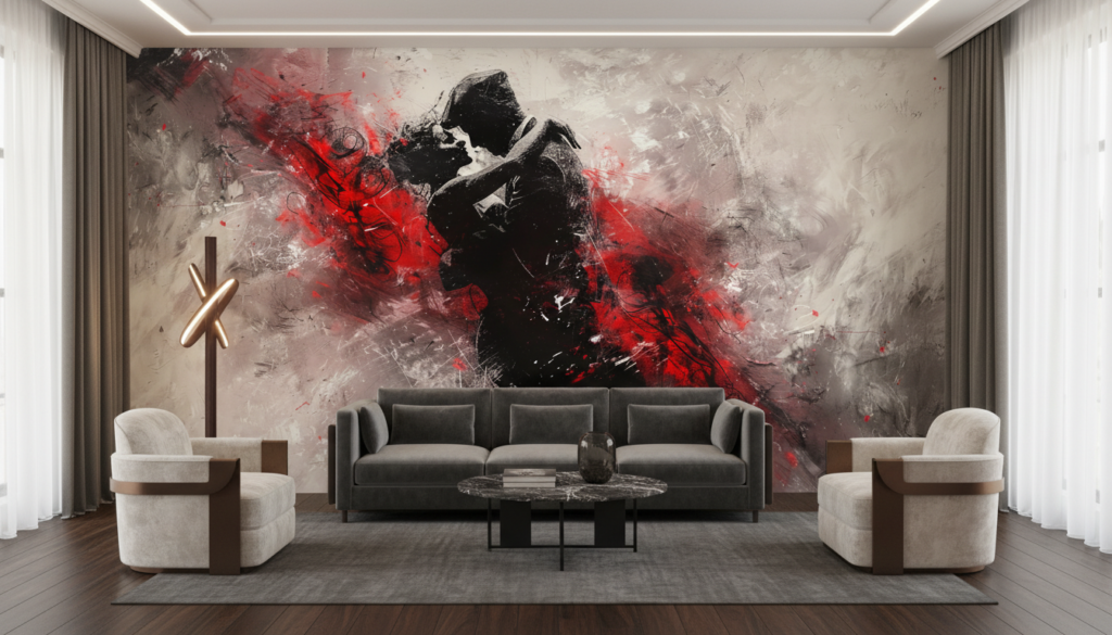 Papier Peint Artistique Abstrait Rouge et Noir Expressionniste - Salon / Séjour