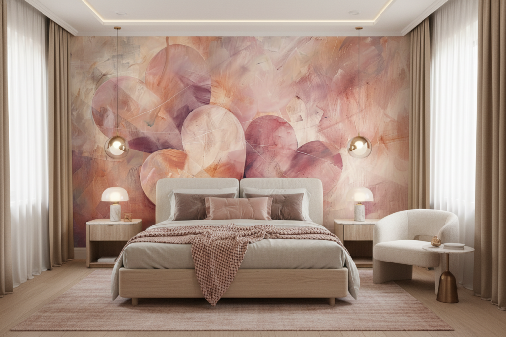 Papier Peint Artistique Cœurs Entrelacés Effet Aquarelle Romantique - Chambre adulte