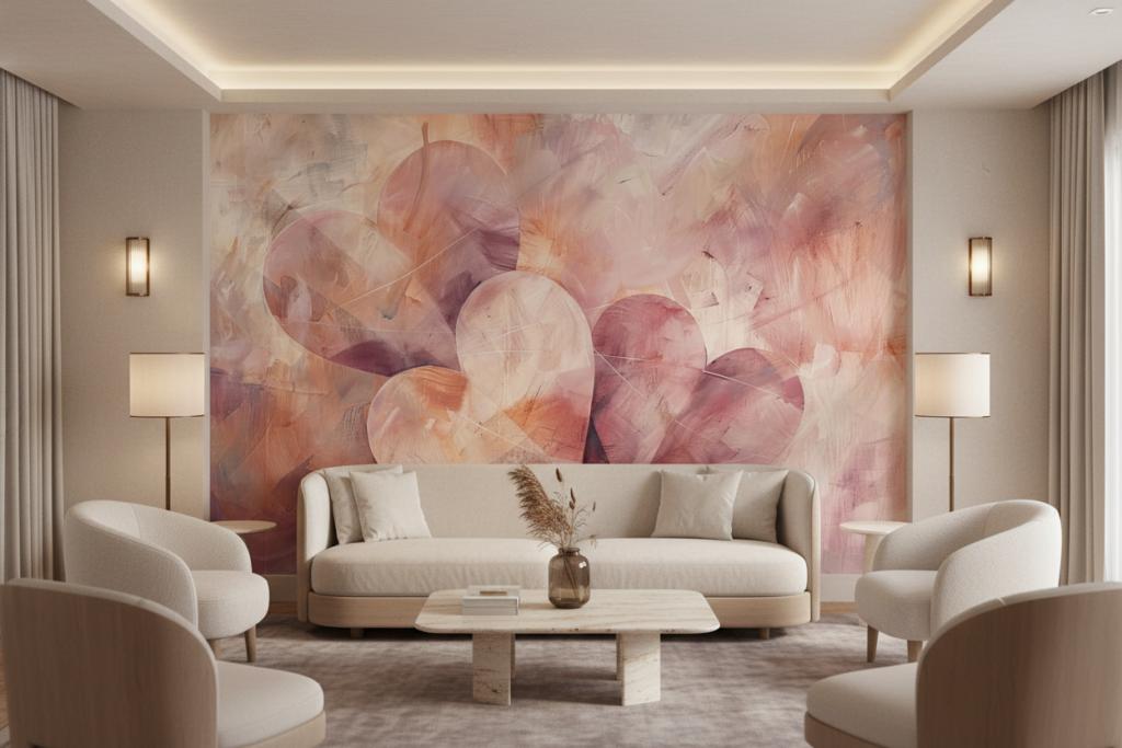 Papier Peint Artistique Cœurs Entrelacés Effet Aquarelle Romantique - Hôtel