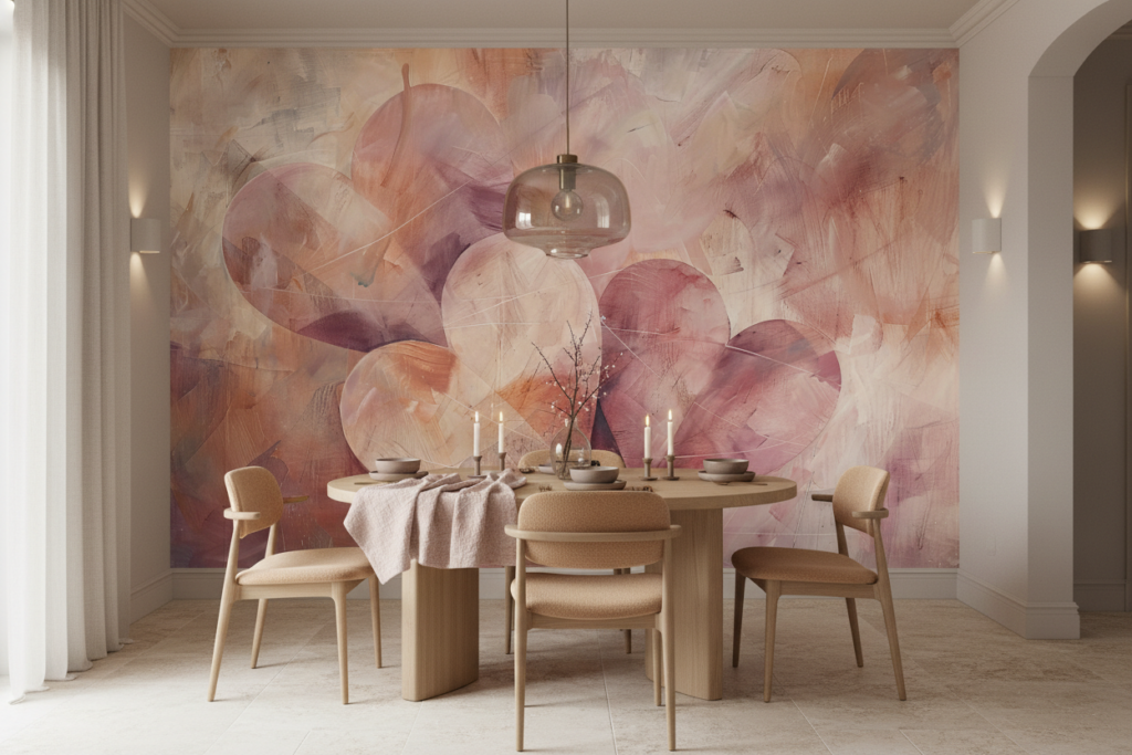Papier Peint Artistique Cœurs Entrelacés Effet Aquarelle Romantique - Salle à manger