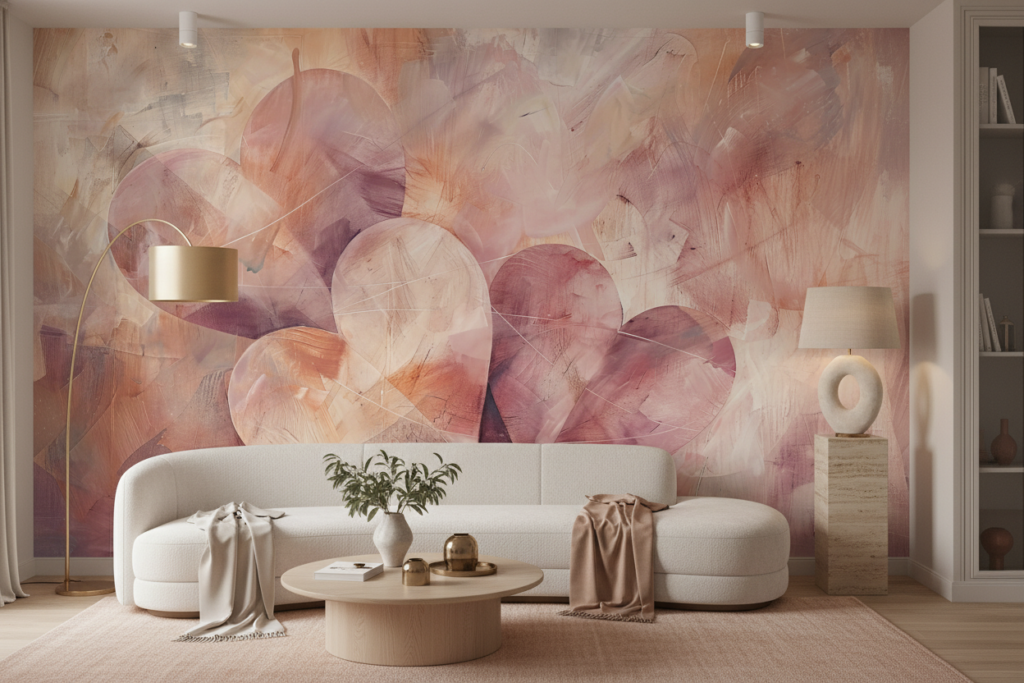 Papier Peint Artistique Cœurs Entrelacés Effet Aquarelle Romantique - Salon / Séjour