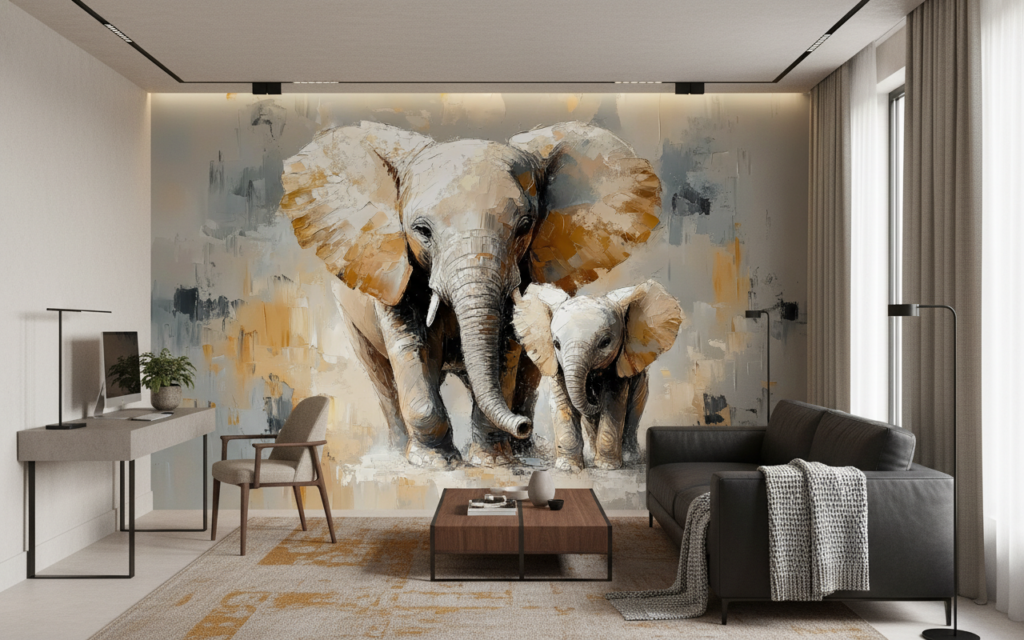 Papier Peint Artistique Éléphants Mère et Bébé Style Aquarelle - Bureau