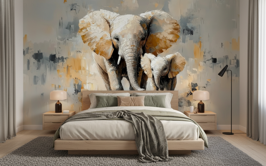 Papier Peint Artistique Éléphants Mère et Bébé Style Aquarelle - Chambre adulte