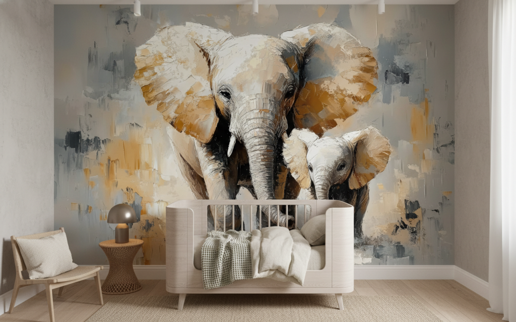 Papier Peint Artistique Éléphants Mère et Bébé Style Aquarelle - Chambre enfant