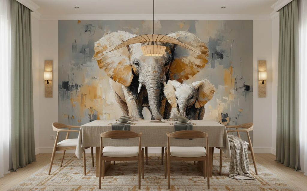 Papier Peint Artistique Éléphants Mère et Bébé Style Aquarelle - Salle à manger