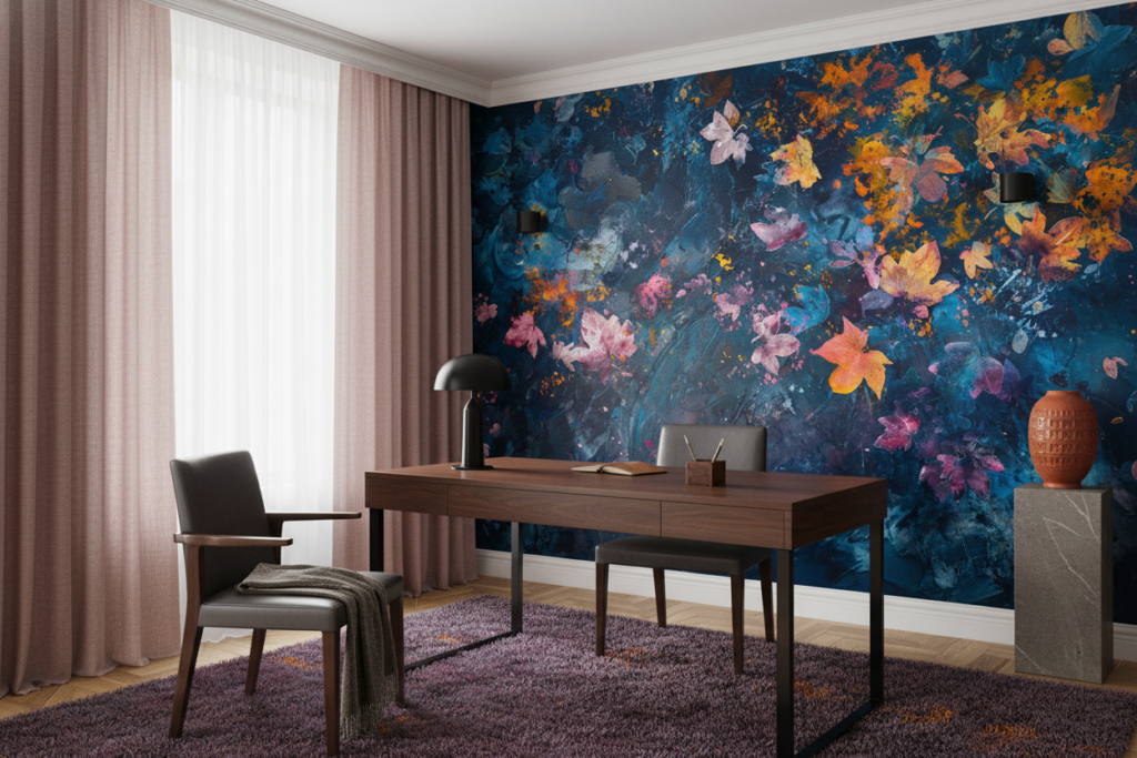 Papier Peint Artistique Feuillages Automnales sur Fond Bleu Abstrait - Bureau