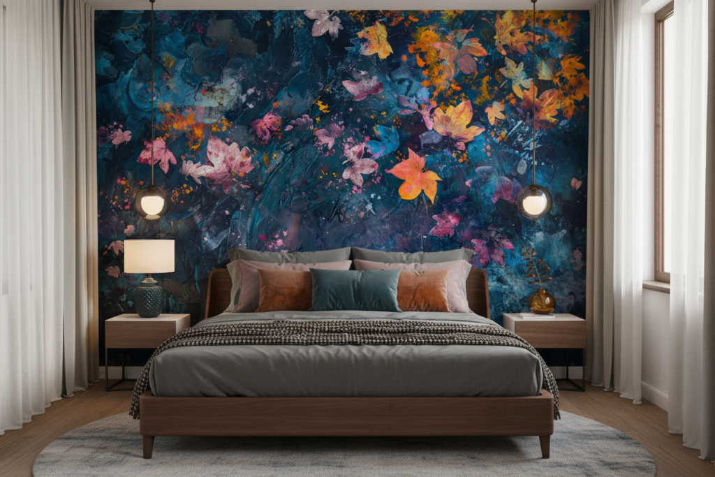 Papier Peint Artistique Feuillages Automnales sur Fond Bleu Abstrait - Chambre adulte