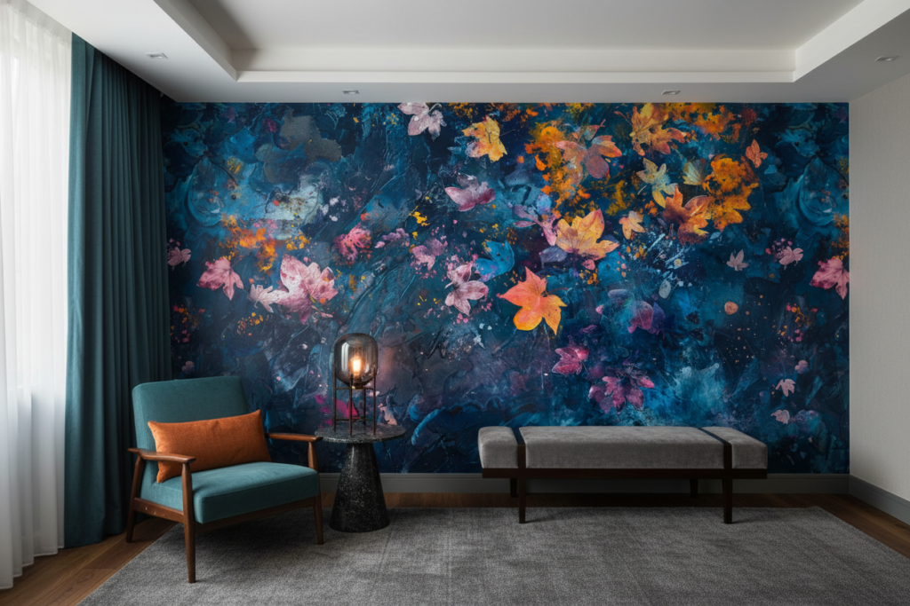 Papier Peint Artistique Feuillages Automnales sur Fond Bleu Abstrait - Hôtel