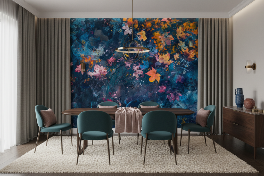 Papier Peint Artistique Feuillages Automnales sur Fond Bleu Abstrait - Salle à manger