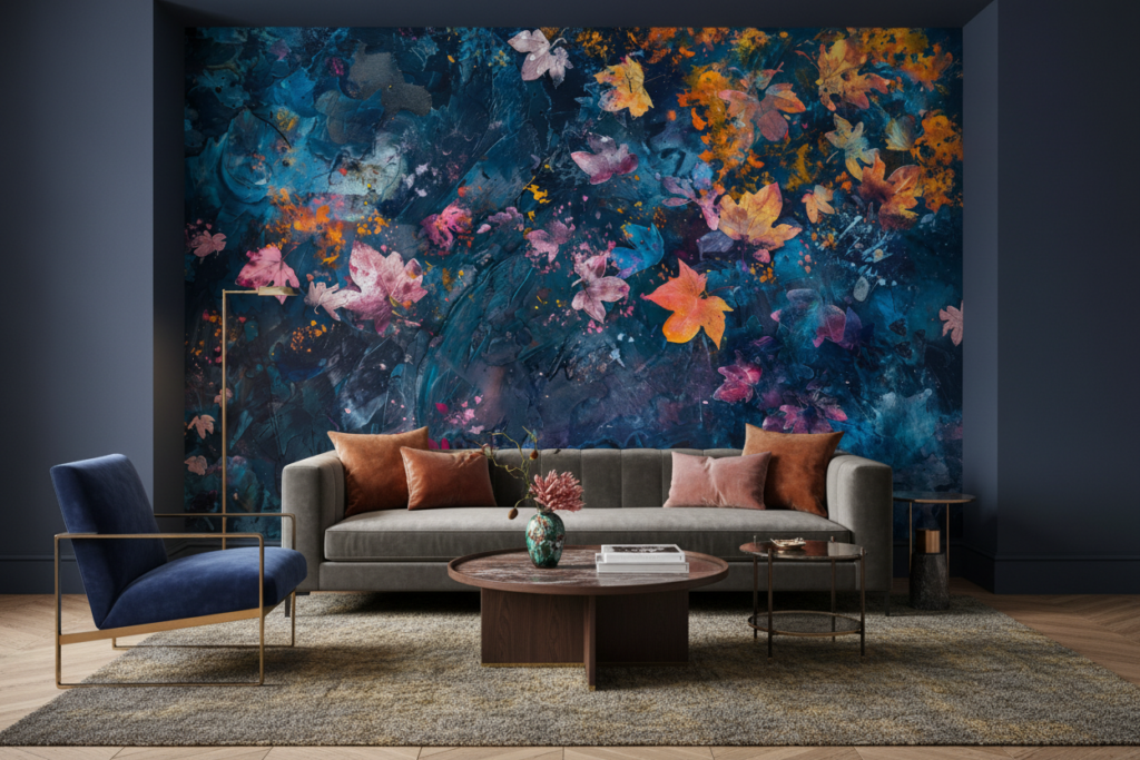 Papier Peint Artistique Feuillages Automnales sur Fond Bleu Abstrait - Salon / Séjour