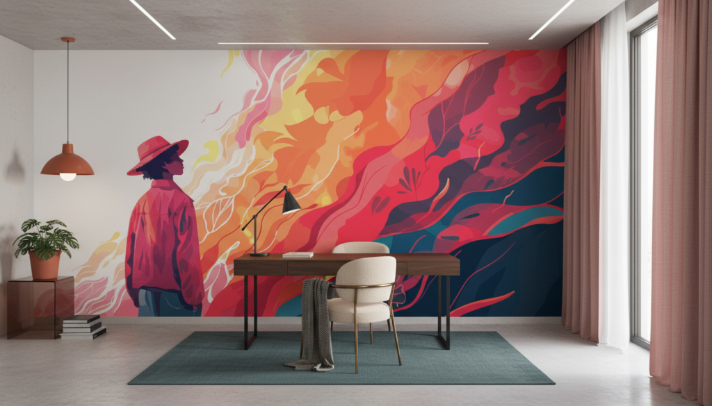 Papier Peint Artistique Flammes Colorées Silhouette Contemporaine Moderne - Bureau