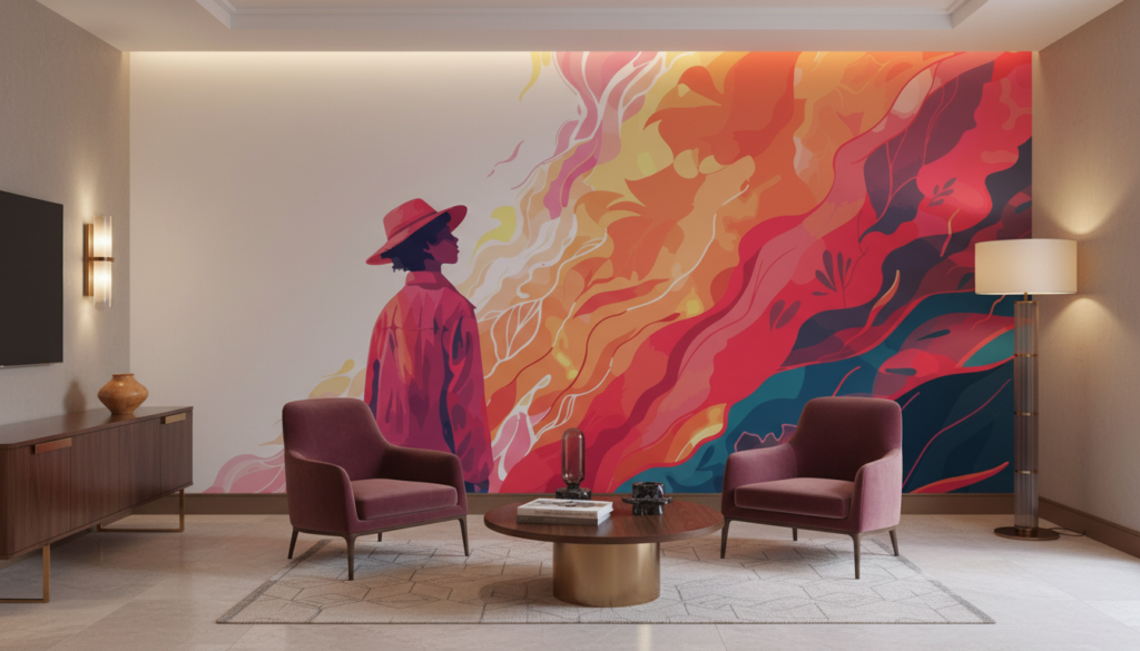 Papier Peint Artistique Flammes Colorées Silhouette Contemporaine Moderne - Hôtel