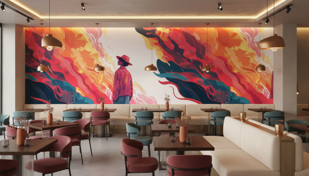 Papier Peint Artistique Flammes Colorées Silhouette Contemporaine Moderne - Restaurant