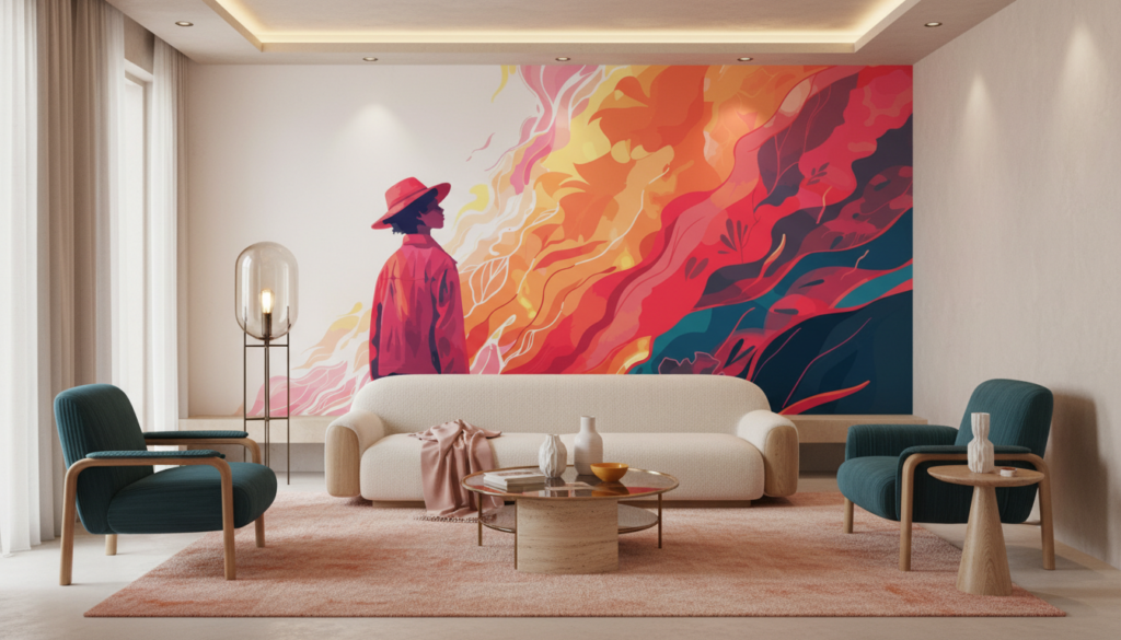 Papier Peint Artistique Flammes Colorées Silhouette Contemporaine Moderne - Salon / Séjour