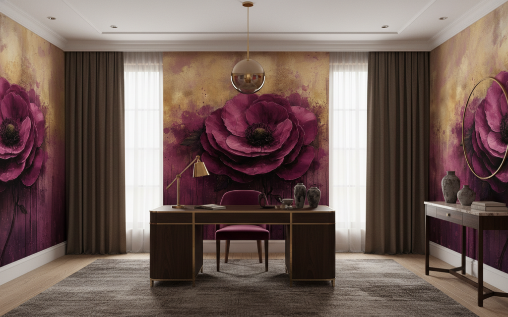 Papier Peint Artistique Fleur Pourpre Vintage sur Fond Doré - Bureau