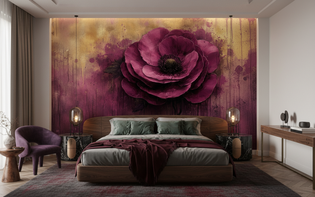 Papier Peint Artistique Fleur Pourpre Vintage sur Fond Doré - Chambre adulte