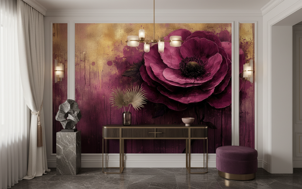 Papier Peint Artistique Fleur Pourpre Vintage sur Fond Doré - Entrée