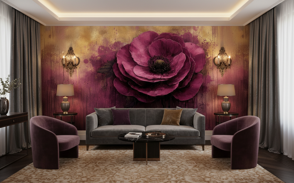 Papier Peint Artistique Fleur Pourpre Vintage sur Fond Doré - Hôtel