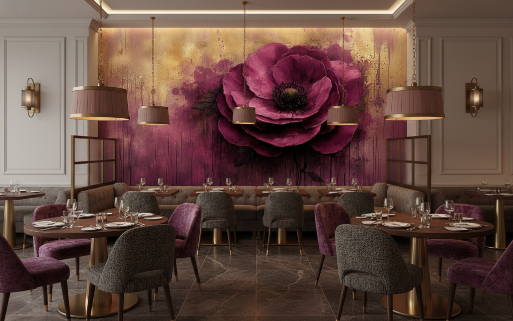 Papier Peint Artistique Fleur Pourpre Vintage sur Fond Doré - Restaurant