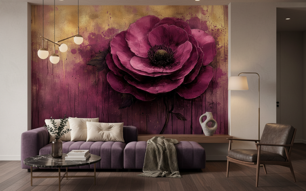 Papier Peint Artistique Fleur Pourpre Vintage sur Fond Doré - Salon / Séjour