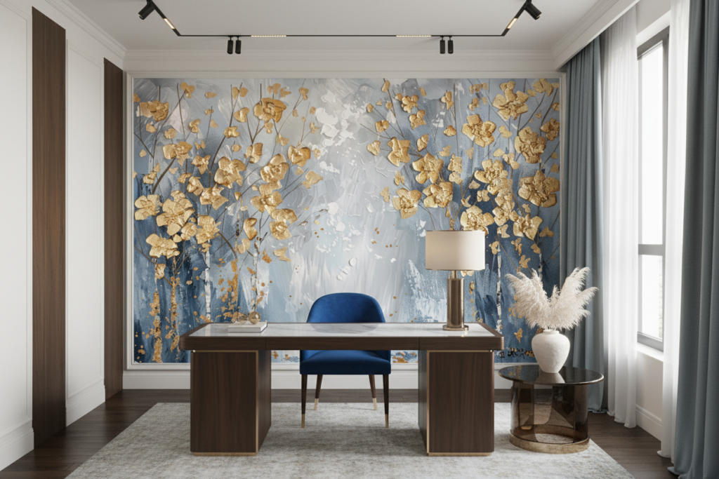 Papier Peint Artistique Fleurs Dorées sur Fond Bleu Abstrait - Bureau
