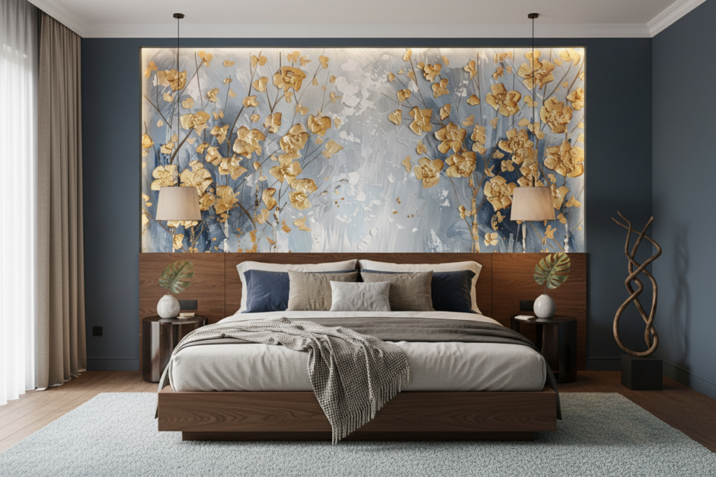 Papier Peint Artistique Fleurs Dorées sur Fond Bleu Abstrait - Chambre adulte